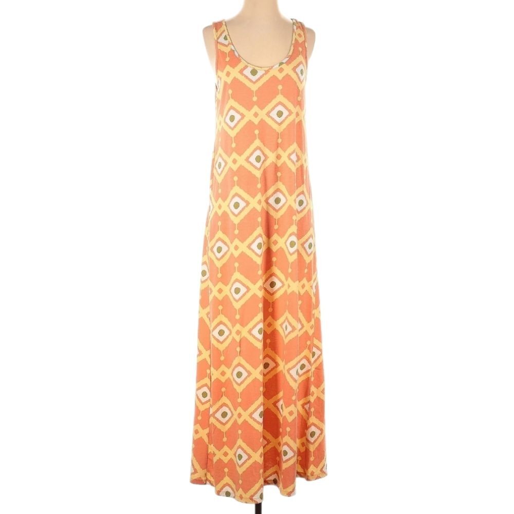Synergy‎ Organic Cotton Maxi Dress Sleeveless Aztec Tribal Orange Flowy BOHO XS